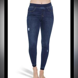 SPANX Distressed Raw Hem Dark Wash Skinny Jeans